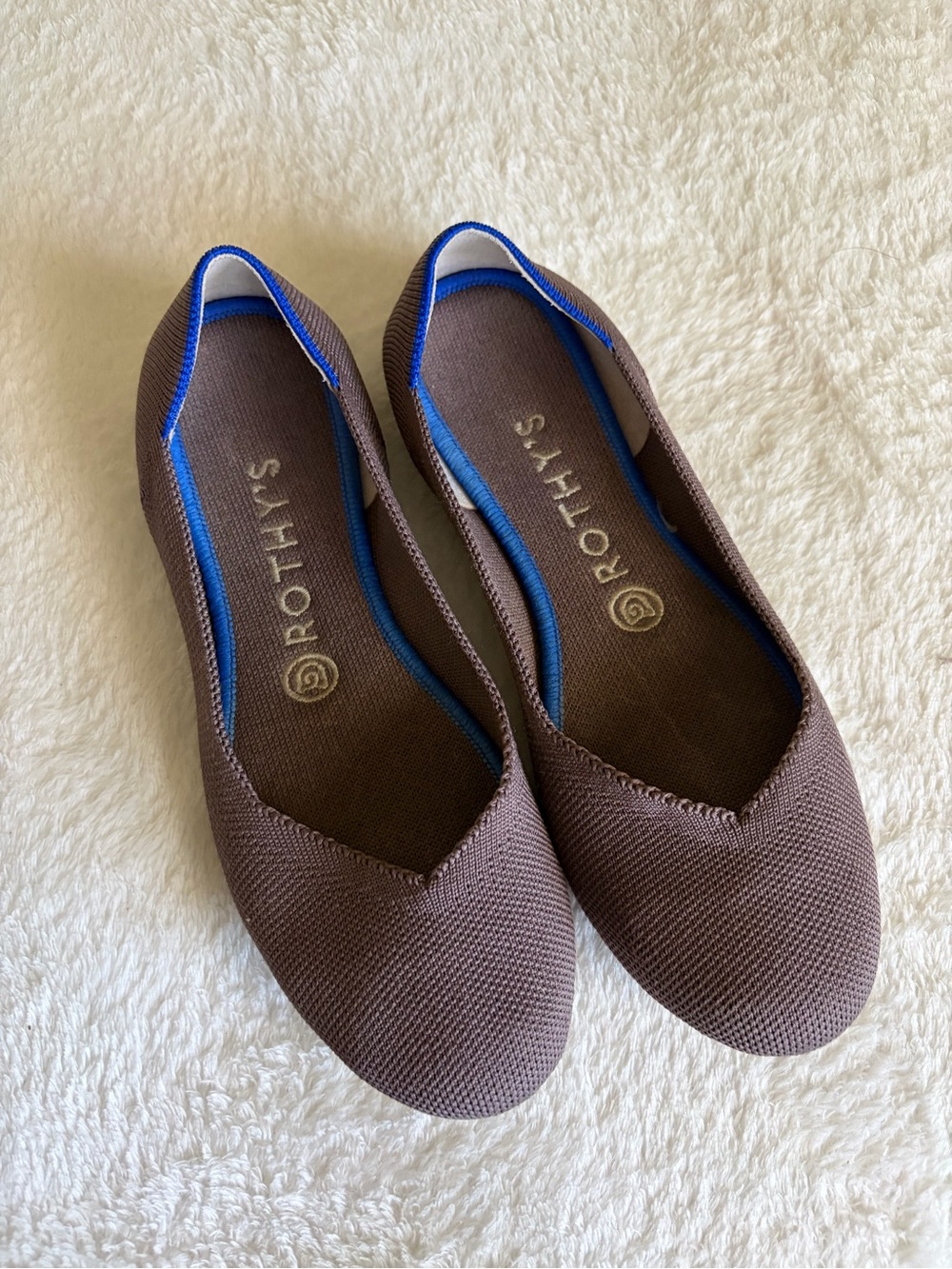 Rothy's Brown Knit‎ Pointed Ballet Flat with Blue Trim